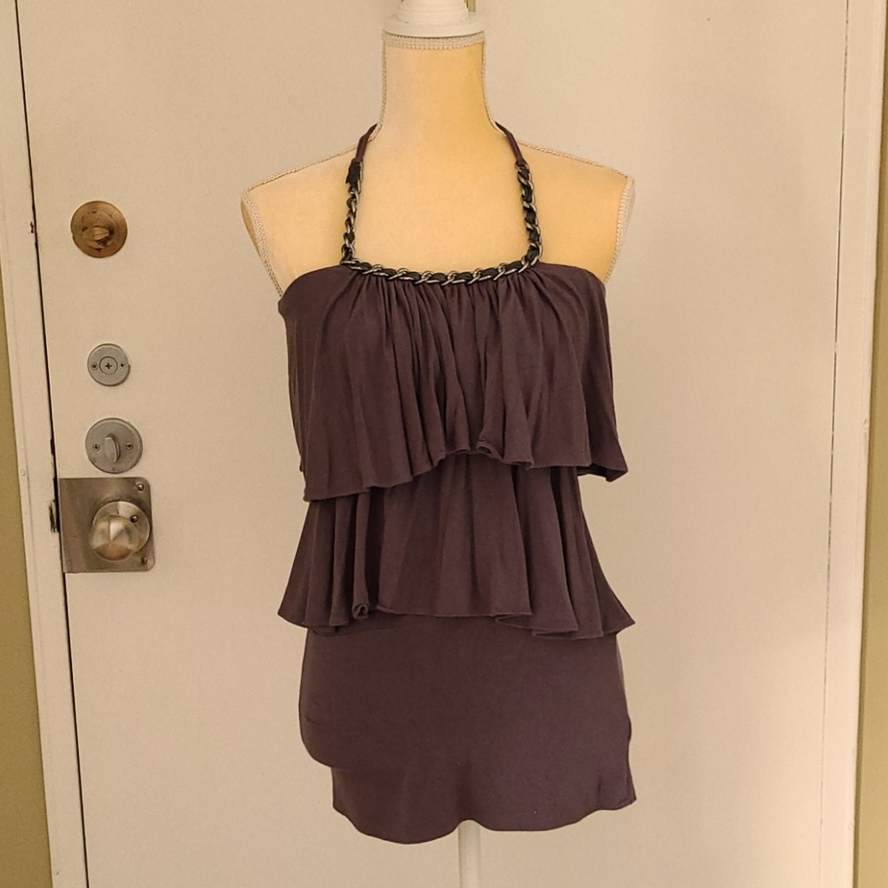 Sky Grey Chain Embellished Tiered Halter Top Size Medium